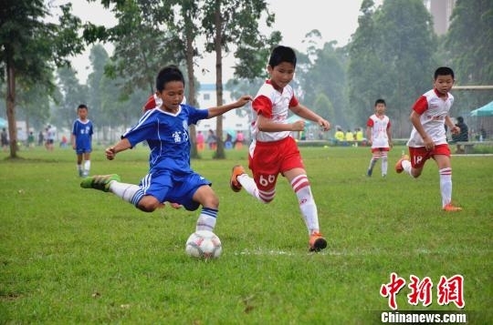 资料图：千名青少年足球运动员汇聚广西享“快乐足球”，图为一名小球员在比赛中突破。　翟李强 摄