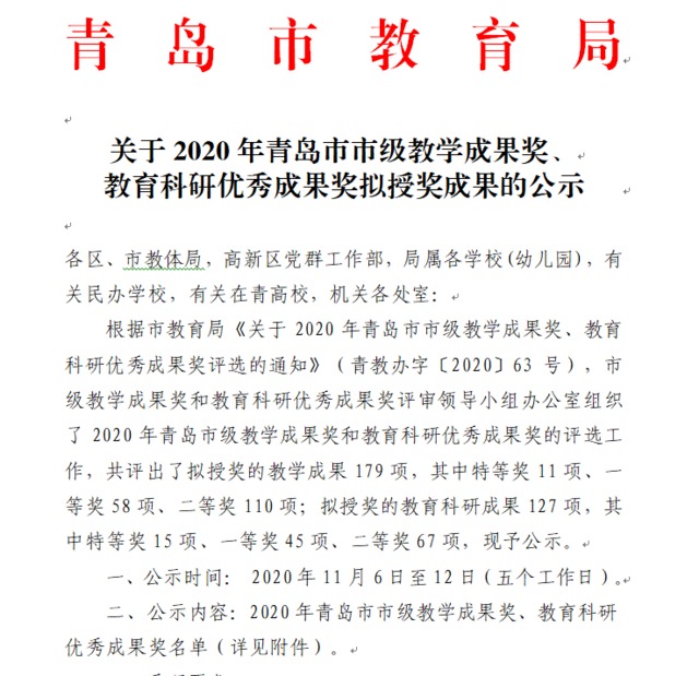 青岛六十六中教师在2020年青岛市市级教学成果奖、教育科研优秀成果奖评选中获大奖