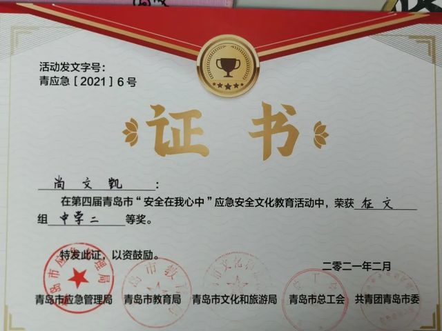我校学生在第四届青岛市“安全在我心中”应急安全文化教育活动中获奖