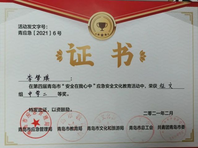 我校学生在第四届青岛市“安全在我心中”应急安全文化教育活动中获奖
