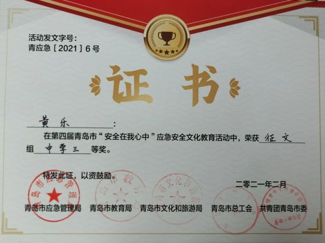 我校学生在第四届青岛市“安全在我心中”应急安全文化教育活动中获奖